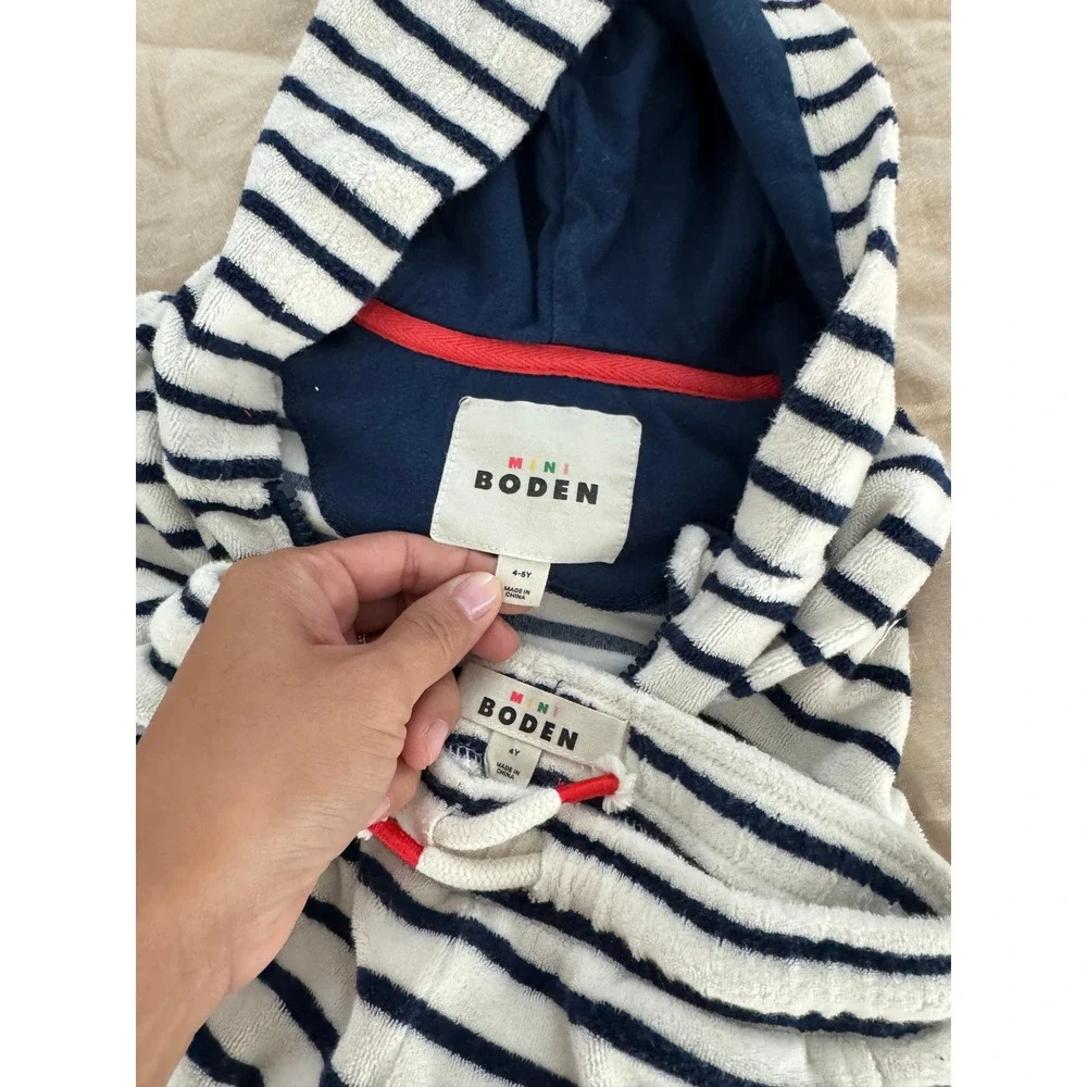 Mini Boden Kids Shark Terry Cloth Hoodie and Shorts Set Navy White Stripe 4-5Y